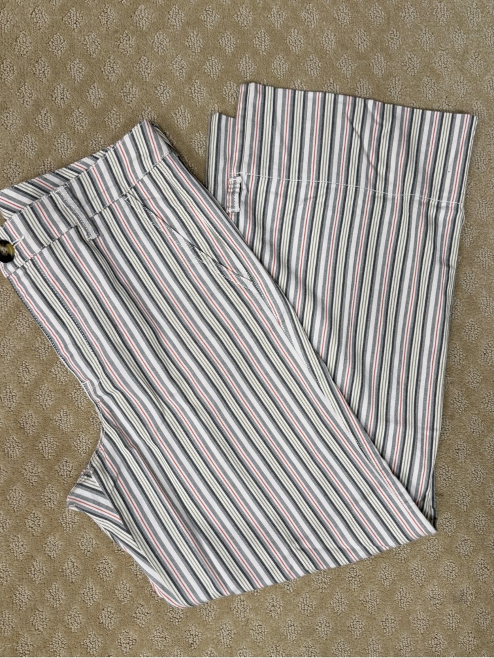 Cabi Striped Pants in Cream, Gray , Coral & Olive, Size 10
